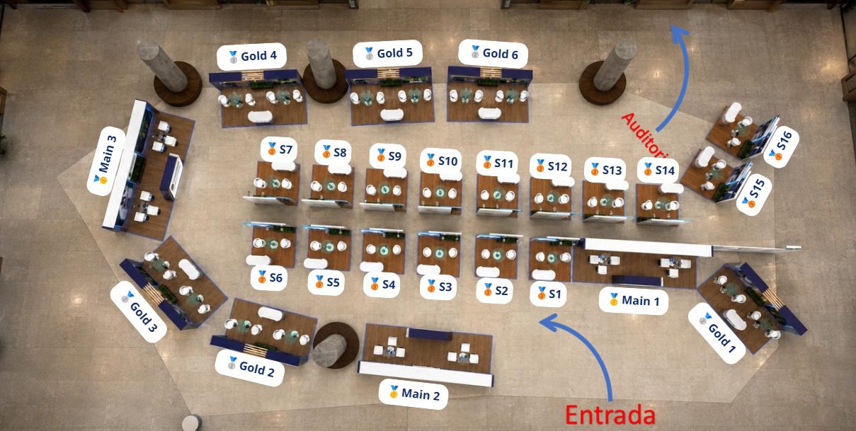 Plano de la zona de patrocinadores de TESOL Colombia: stands Gold, Silver y Main, con la entrada y el auditorio señalados