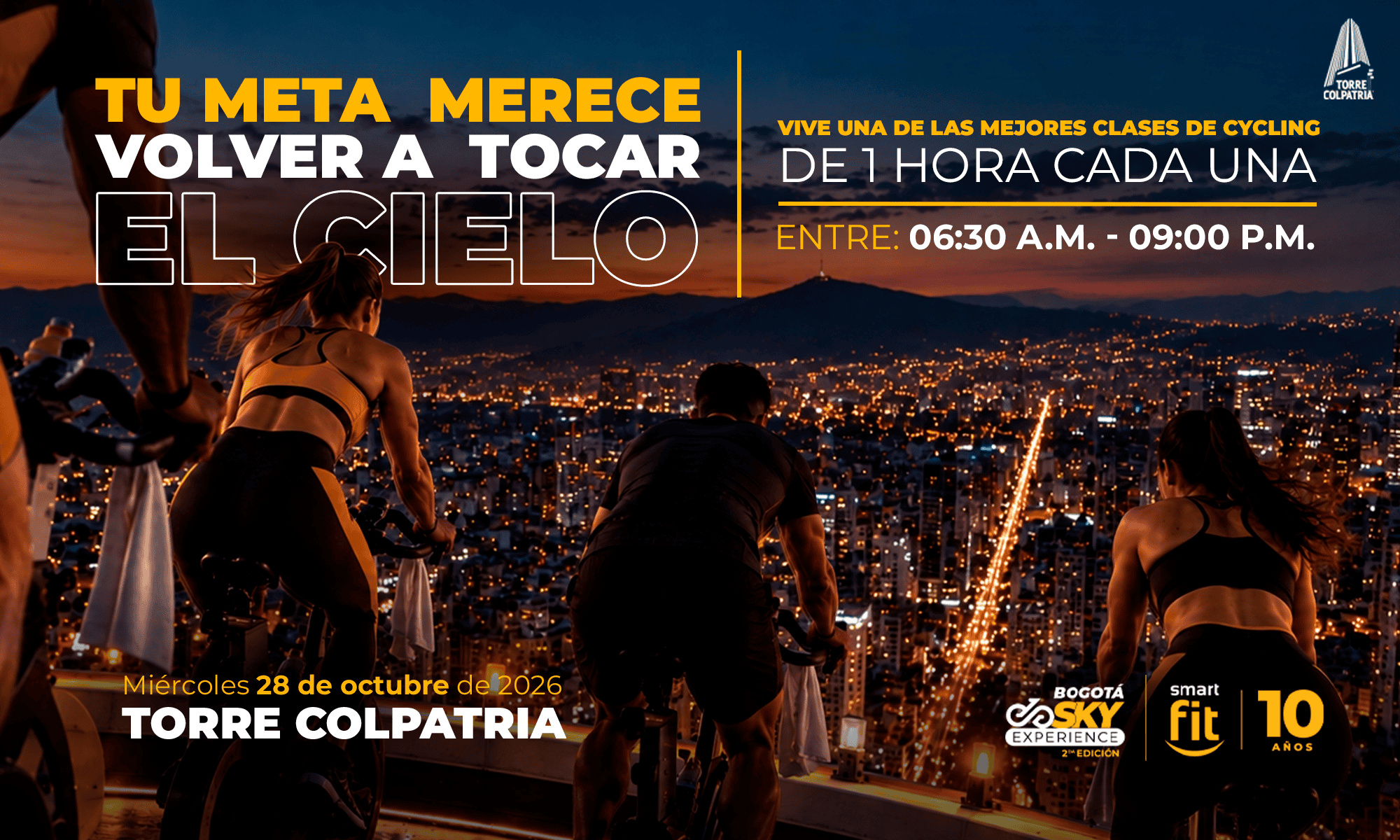 Sky Experience Bogotá 2da edición - imagen destacada Clase de cycling al anochecer en la Torre Colpatria: Sky Experience Bogotá, miércoles 28 de octubre de 2026