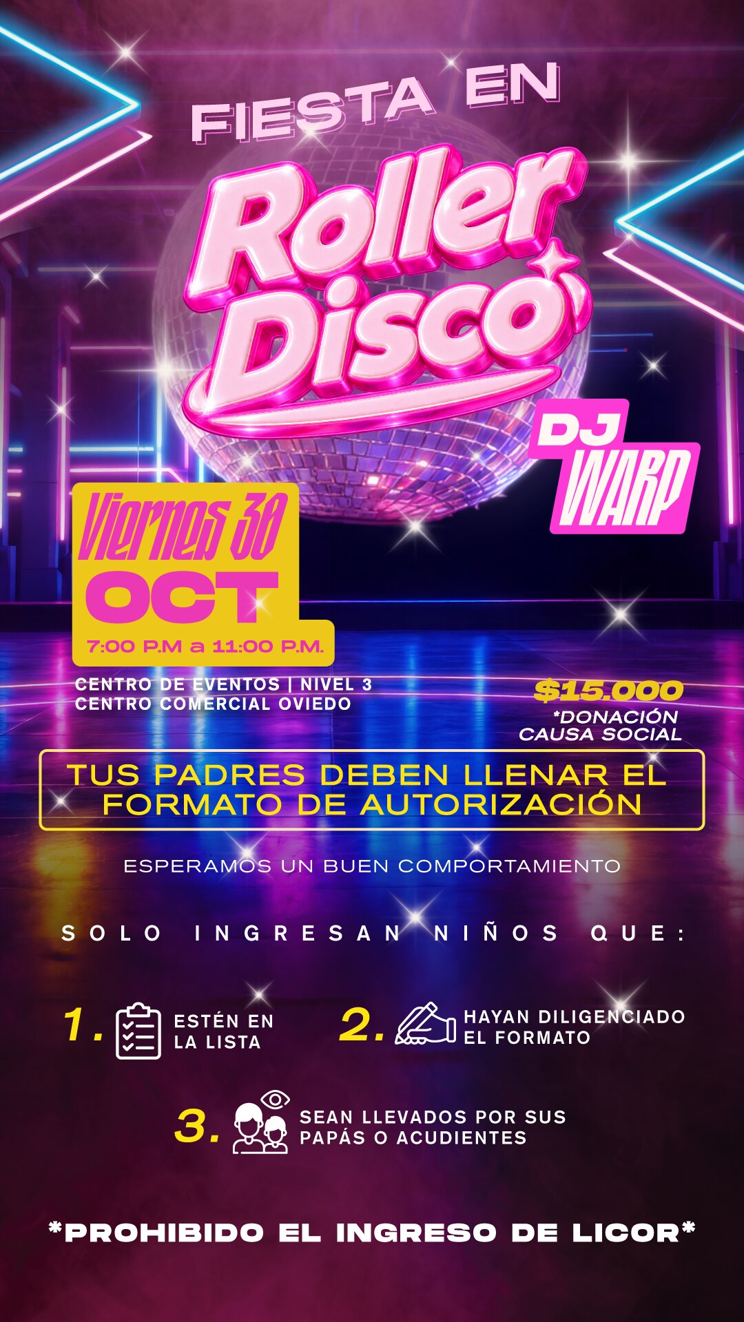 Fiesta en Roller Disco – Centro Comercial Oviedo 2026 – afiche Fiesta en Roller Disco con DJ Warp – Centro Comercial Oviedo, viernes 30 de octubre