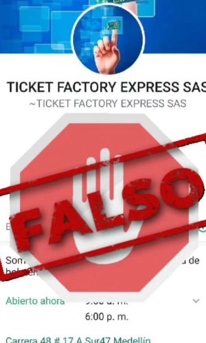 Perfil falso de WhatsApp que suplanta a Ticket Factory Express, marcado con el sello FALSO