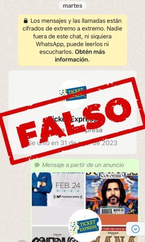 Chat falso de WhatsApp que ofrece boletas a nombre de Ticket Express, marcado con el sello FALSO