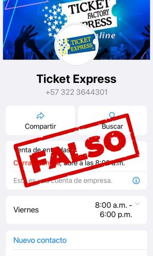 Perfil de empresa falso en WhatsApp con el logo de Ticket Express, marcado con el sello FALSO