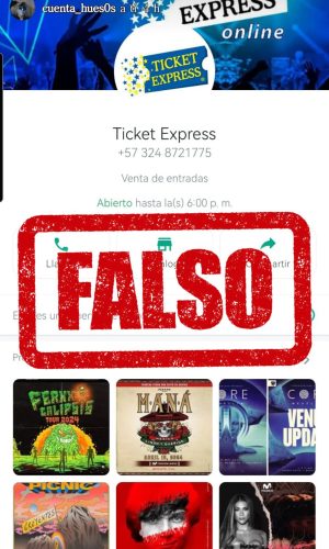 Perfil falso de WhatsApp con el logo de Ticket Express y afiches de conciertos, marcado con el sello FALSO