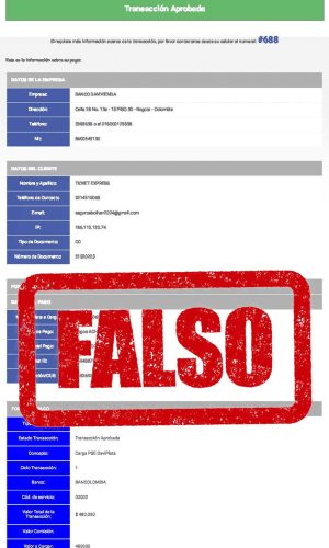 Comprobante falso de transacción aprobada usado para estafar a compradores de boletas, marcado con el sello FALSO