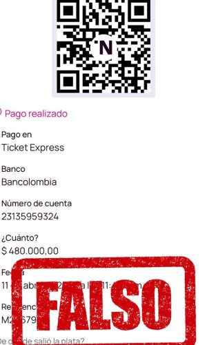 Comprobante falso de pago por QR a una cuenta Bancolombia a nombre de Ticket Express, marcado con el sello FALSO